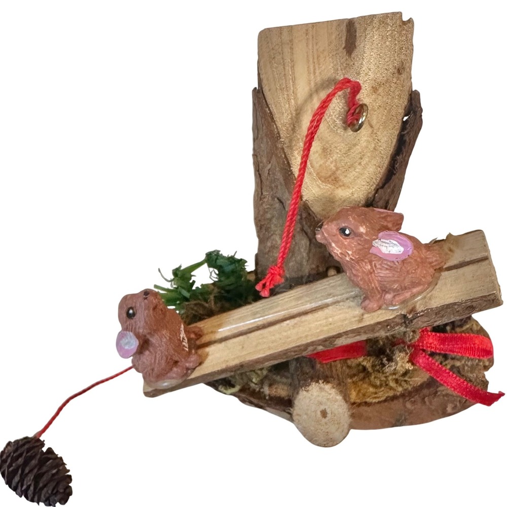 Handmade Wood Bunny‎ Rabbits Moving Teeter Totter Tree Stump Christmas Ornament